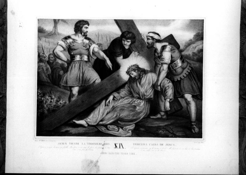 stazione IX: Gesù cade sotto la croce la terza volta (stampa a colori) - ambito veneto (sec. XIX)