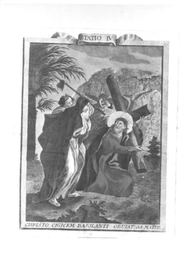 stazione IV: Gesù incontra la Madonna (stampa colorata a mano smarginata) - ambito veneto (sec. XVIII)