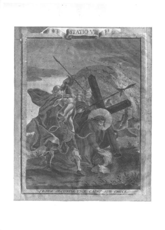 stazione VII: Gesù cade sotto la croce la seconda volta (stampa colorata a mano smarginata) - ambito veneto (sec. XVIII)