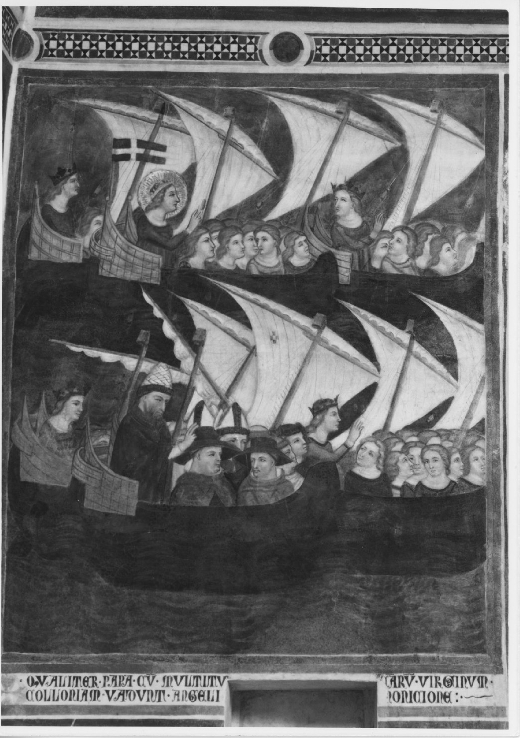 sant'Orsola con le compagne, il papa, cardinali e chierici in navigazione verso Colonia (dipinto) - ambito veneto (sec. XIV)