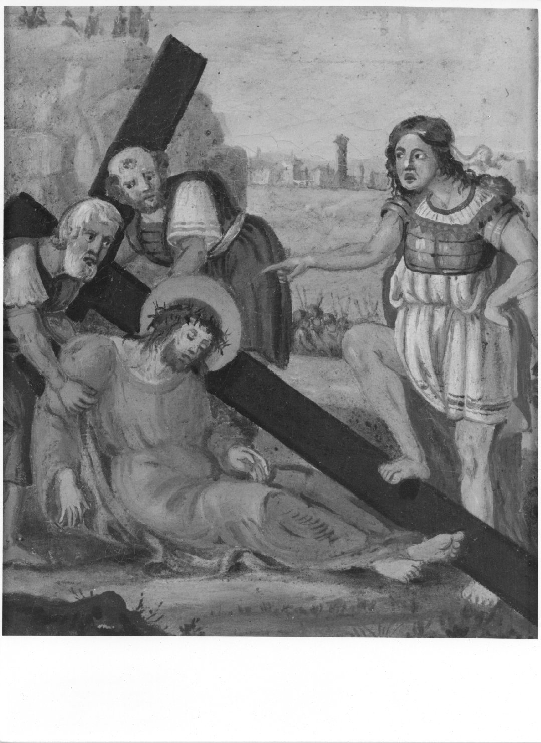 stazione IX: Gesù cade sotto la croce la terza volta (dipinto) - ambito bellunese (sec. XIX)