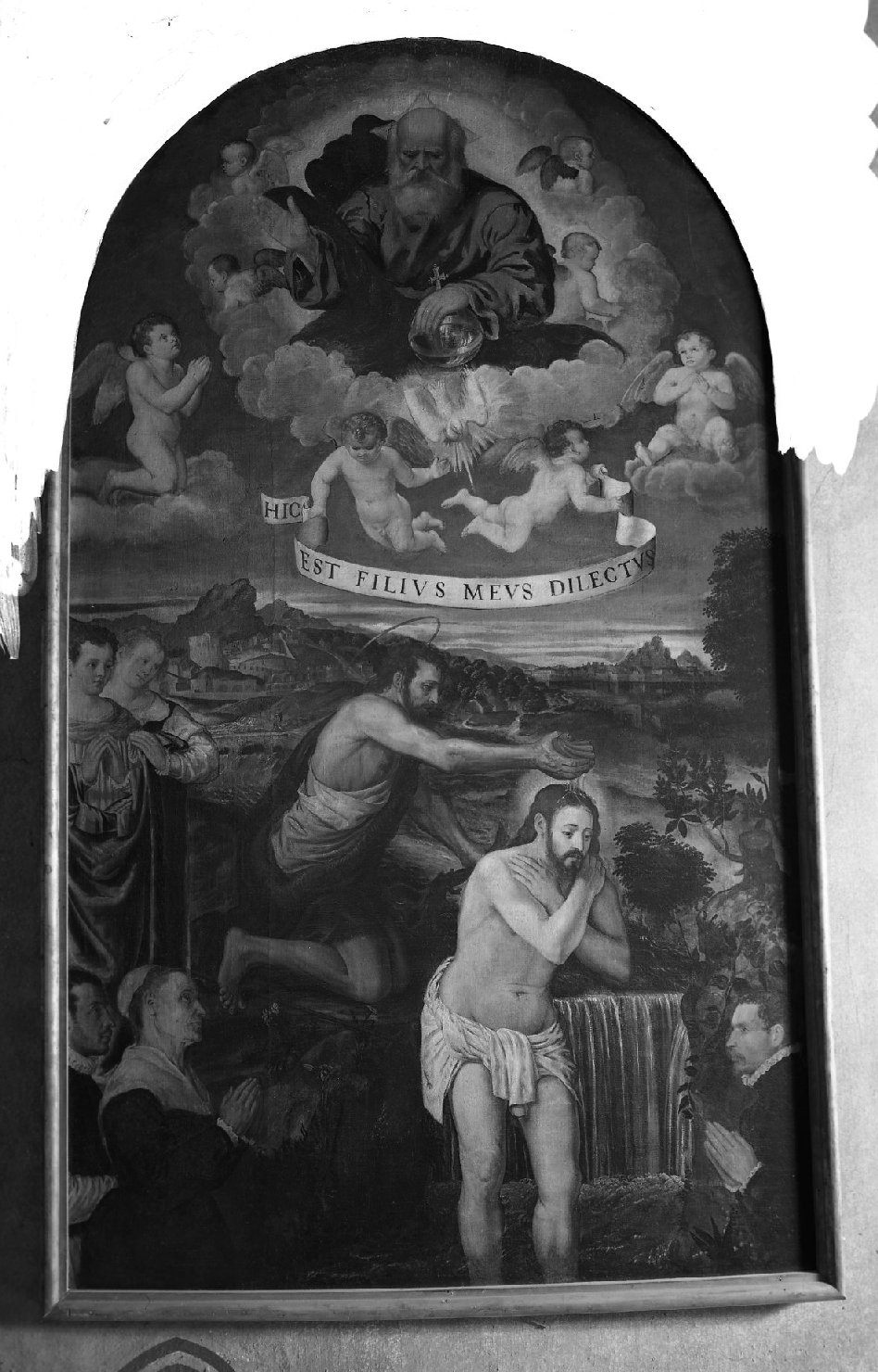 battesimo di Cristo con devoti (dipinto) - ambito veneto (sec. XVI)