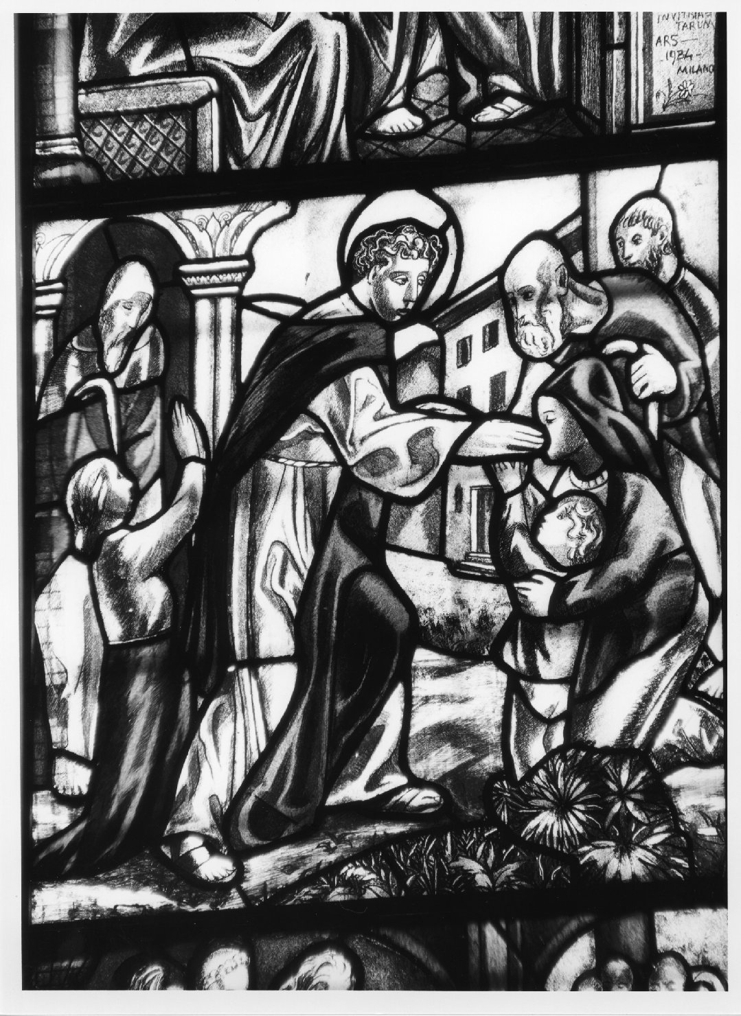 storie della vita di Santo Stefano: elemosina di Santo Stefano (vetrata) - ambito veneto (sec. XX)