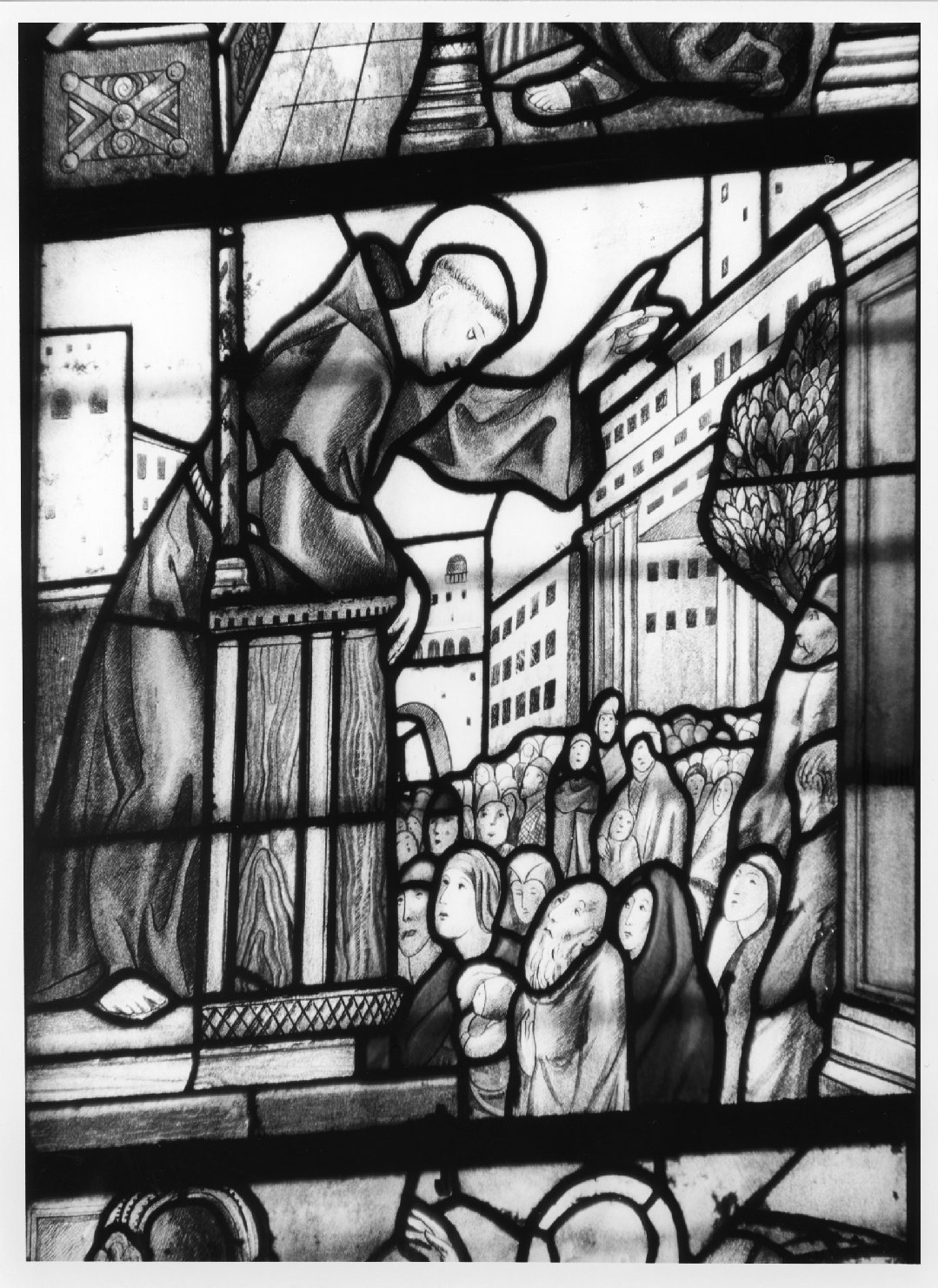 storie della vita di Sant'Antonio da Padova: Predica di Sant'Antonio da Padova (vetrata) - ambito veneto (sec. XX)