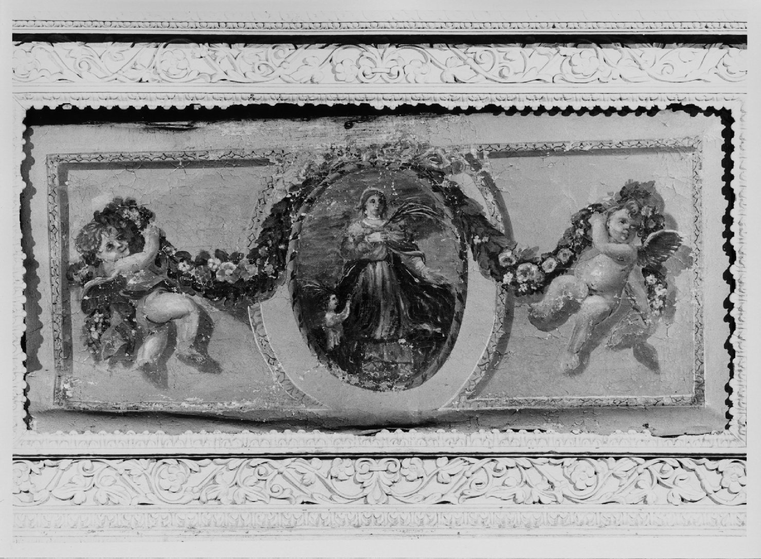San Quirico e Santa Giulitta/ angioletti con festoni di fiori (dipinto) - ambito veneto (sec. XVIII)