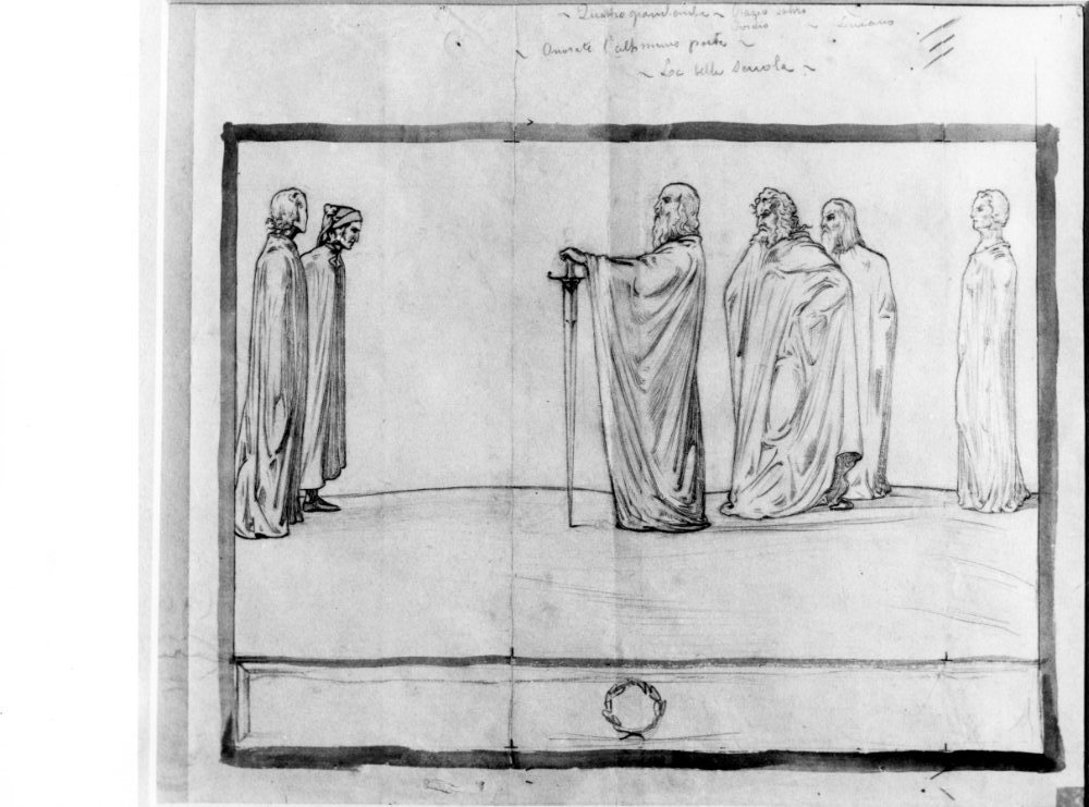 episodio della Divina Commedia: Dante e Virgilio nel Limbo incontrano Omero, Orazio, Ovidio e Lucano (disegno) di Martini Alberto (sec. XX)