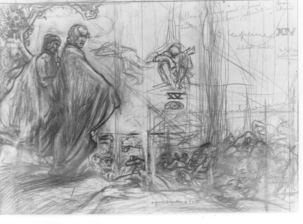 episodio della Divina Commedia: Dante e Virgilio nel terzo girone dell'Inferno incontrano Canapeo (disegno) di Martini Alberto (sec. XX)