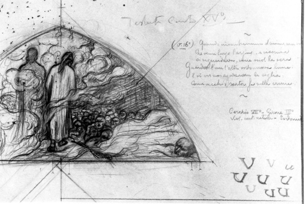 episodio della Divina Commedia: Dante e Virgilio nel terzo girone dell'inferno, tra i sodomiti (disegno) di Martini Alberto (sec. XX)