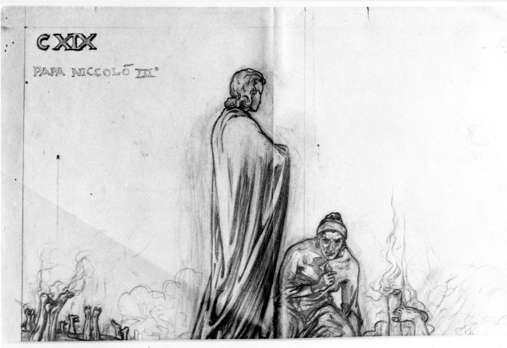 episodio della Divina Commedia: Dante e Virgilio nella terza bolgia (disegno) di Martini Alberto (sec. XX)