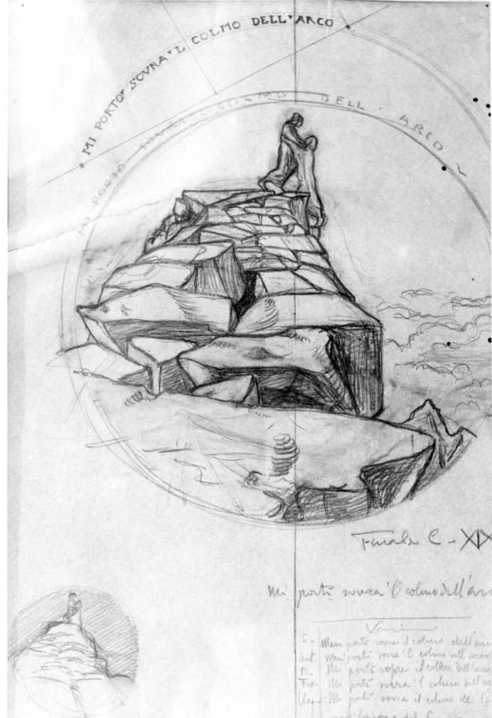 episodio della Divina Commedia: Dante nella terza bolgia, tra i simoniaci, interroga papa Niccolò III (disegno) di Martini Alberto (sec. XX)