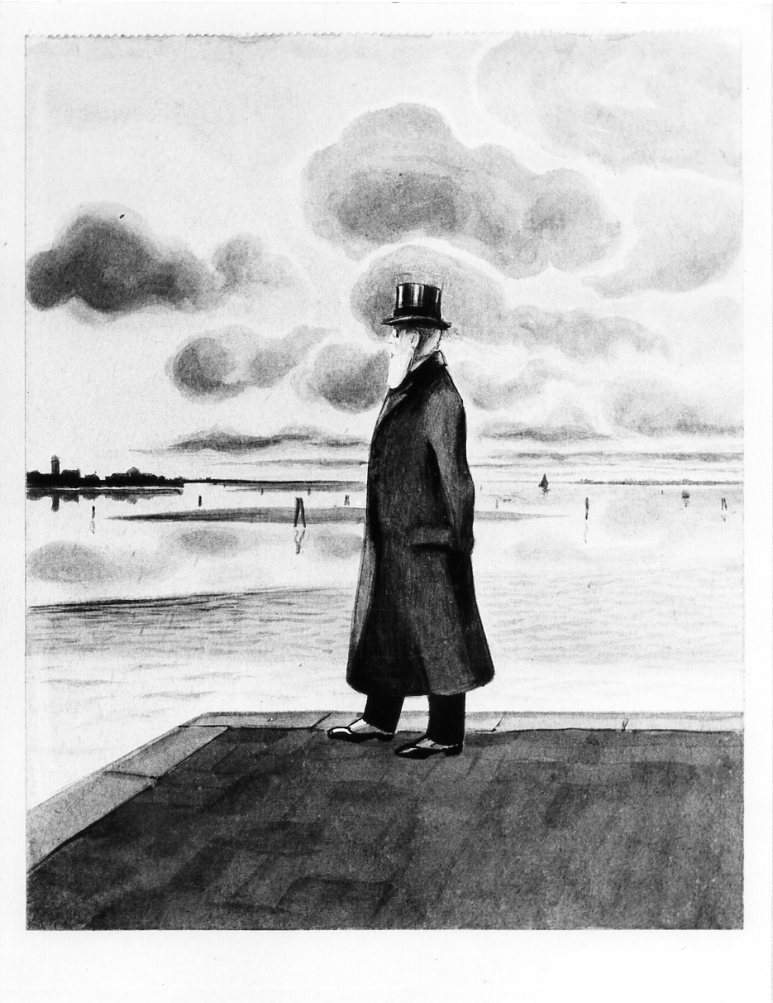 Signore solo, uomo a passeggio per Venezia (disegno) di Martini Alberto (sec. XX)