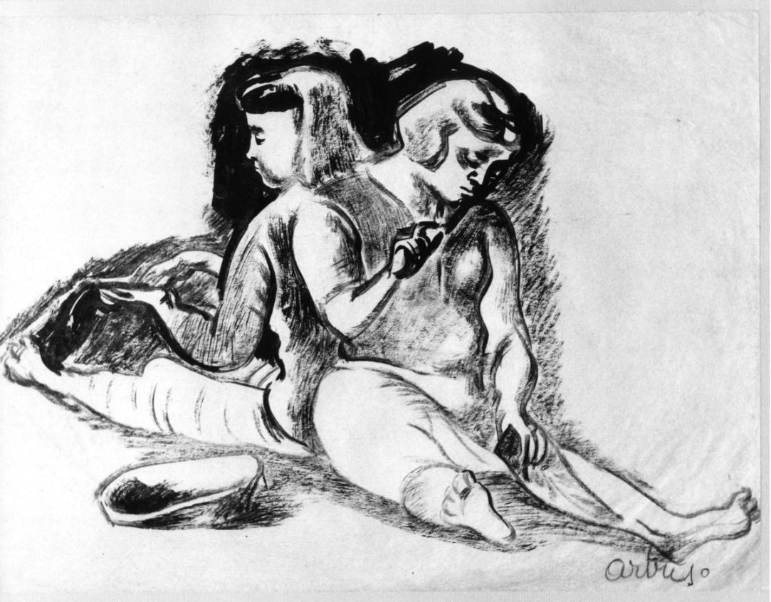 due donne sedute (disegno) di Buso Armando (sec. XX)