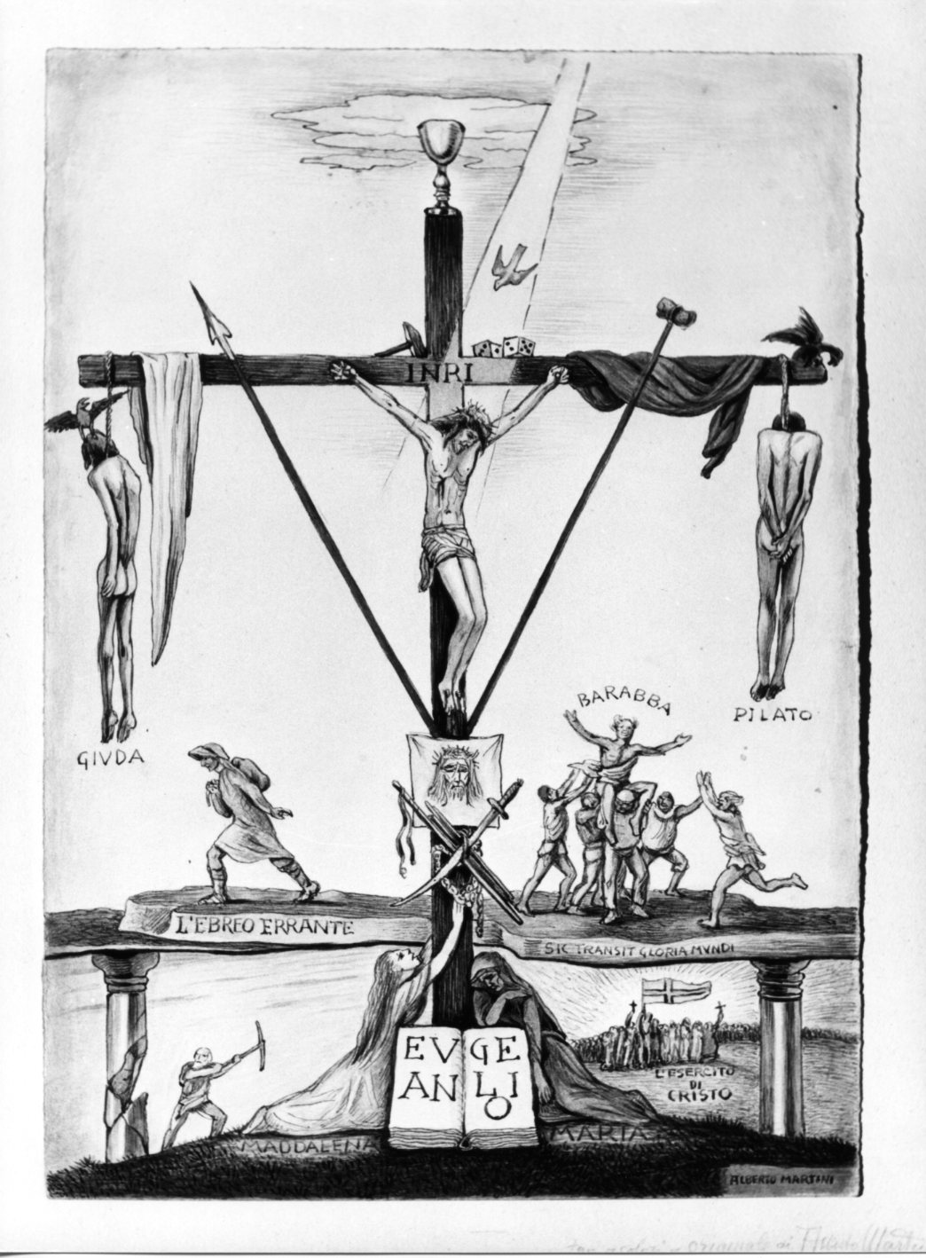 Trofeo allegorico, crocifisso penitenziale (disegno) di Martini Alberto (sec. XX)