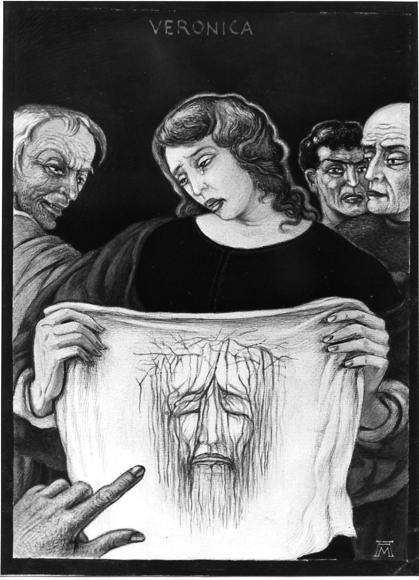 Il santo volto - Veronica, Santa Veronica sostiene il velo (disegno) di Martini Alberto (sec. XX)