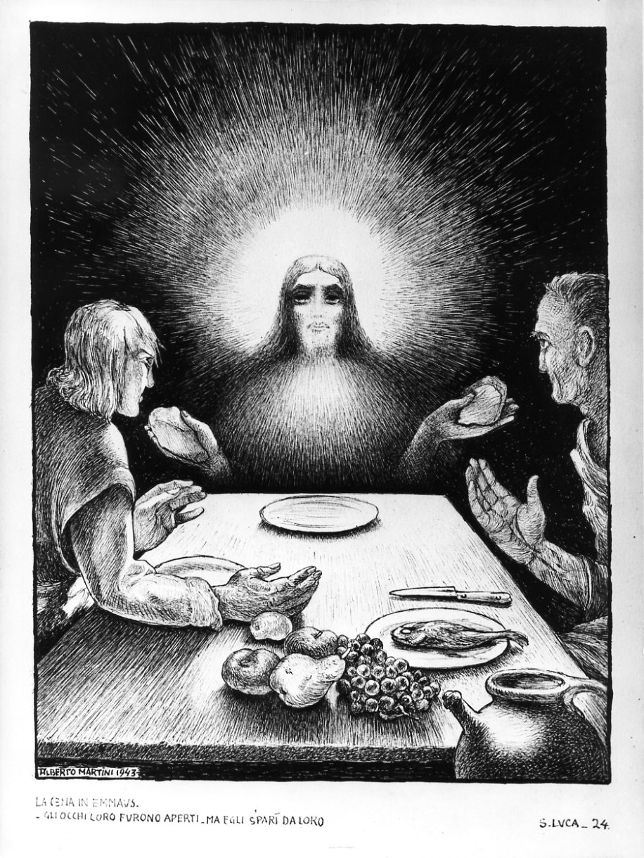 Emmaus, cena in Emmaus (disegno) di Martini Alberto (sec. XX)