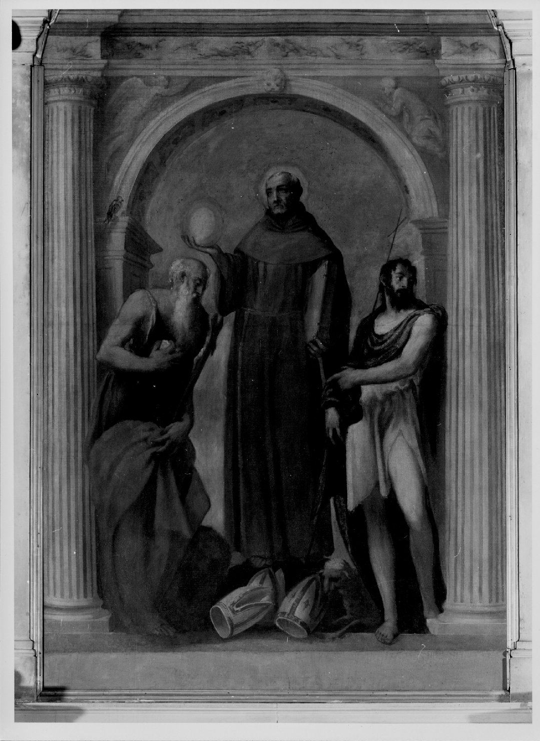 San Bernardino da Siena tra San Girolamo e San Giovanni Battista (dipinto) di Meldolla Andrea detto Schiavone (metà sec. XVI)