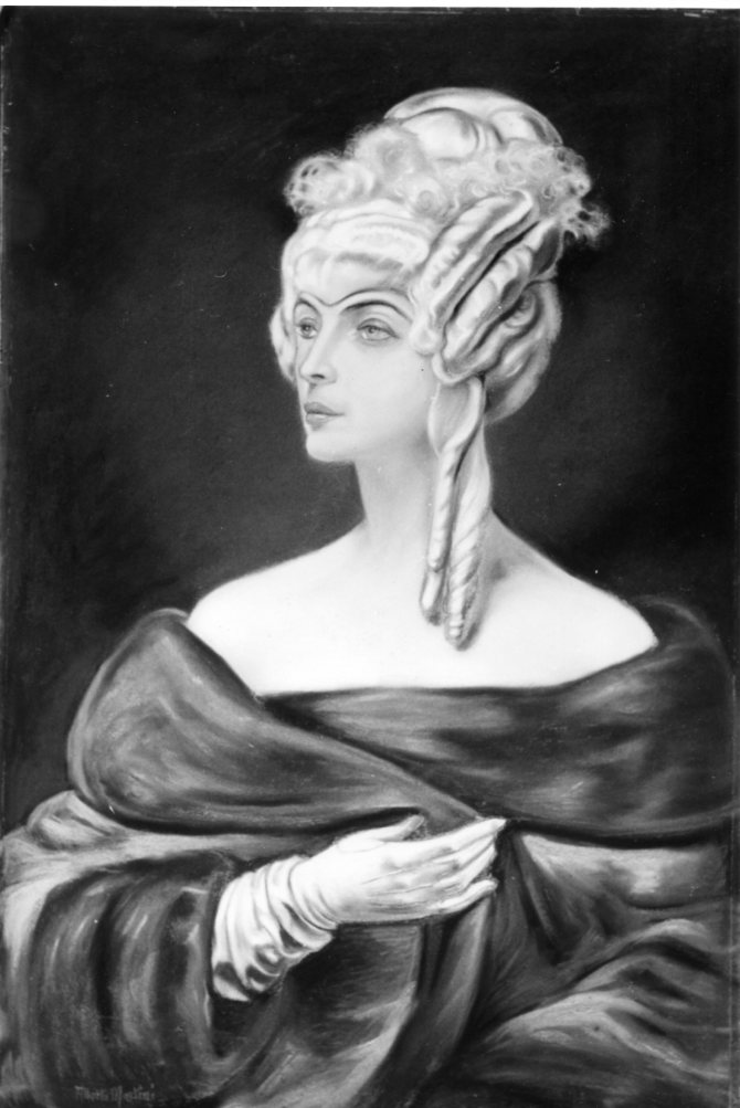 Parrucca bianca, ritratto di donna (dipinto) di Martini Alberto (sec. XX)