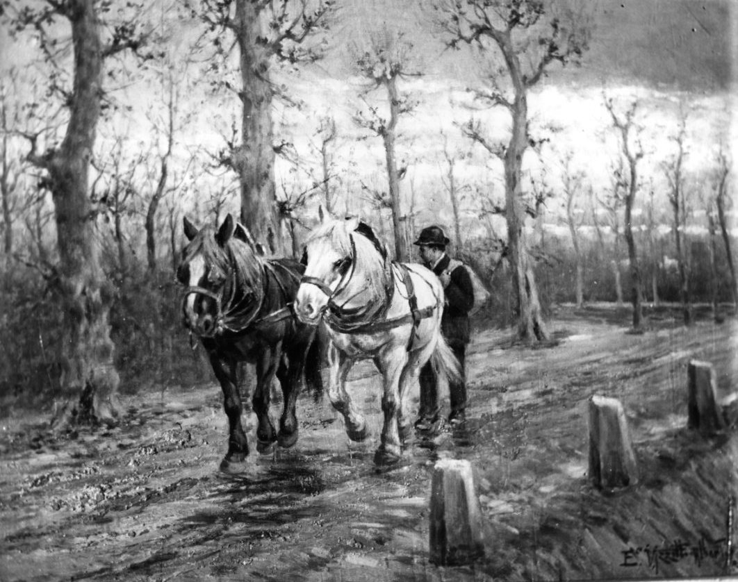 Ritorno dal lavoro, cavalli in un viale alberato (dipinto) di Vizzotto Alberti Enrico (sec. XX)