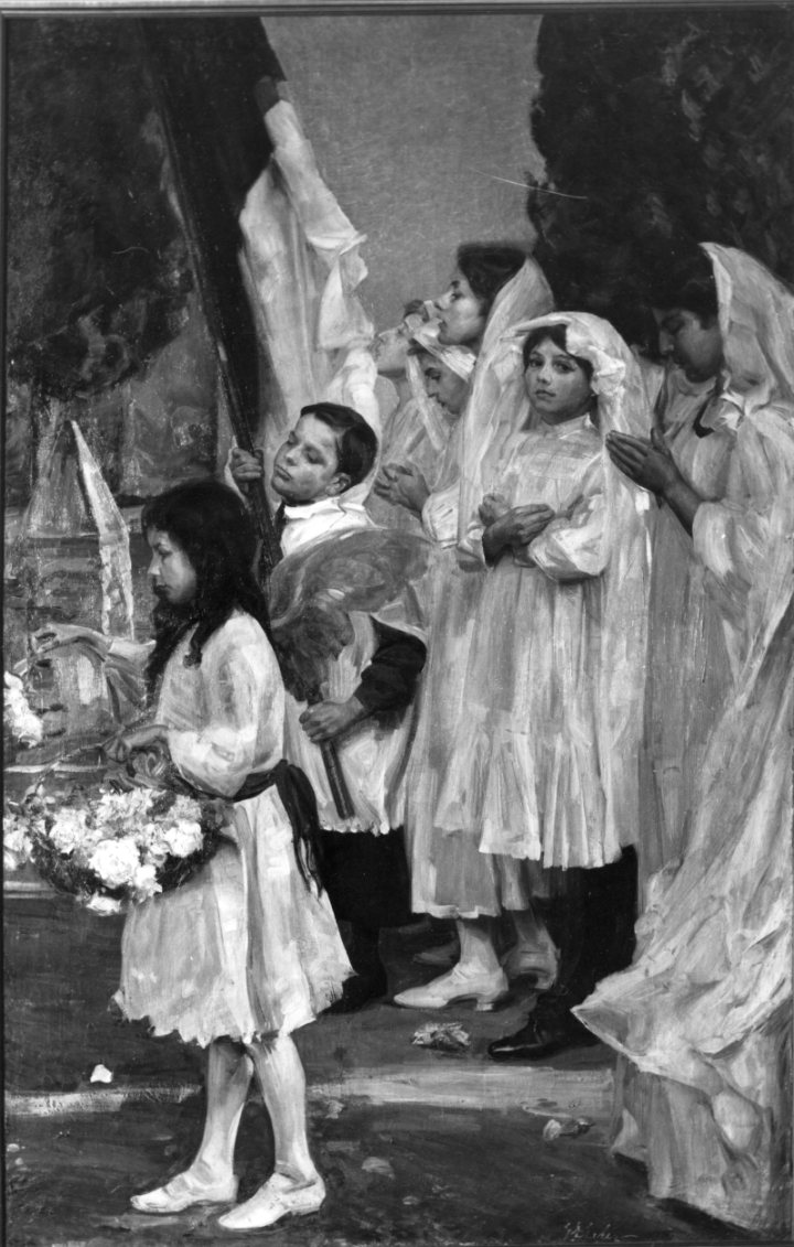 Processione, bambini in processione (dipinto) di Erler Giulio Ettore (sec. XX)