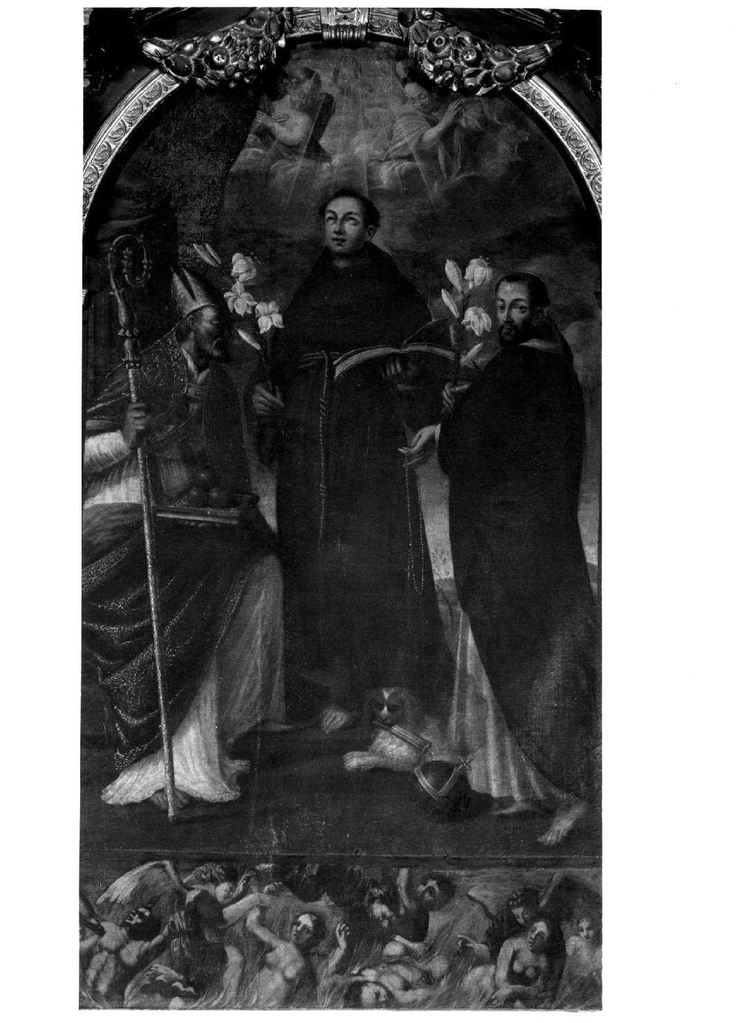 San Francesco tra San Nicola di Bari e Sant'Antonio/ Anime del Purga torio (pala d'altare) di Frigimelica Francesco (scuola) (inizio sec. XVII)