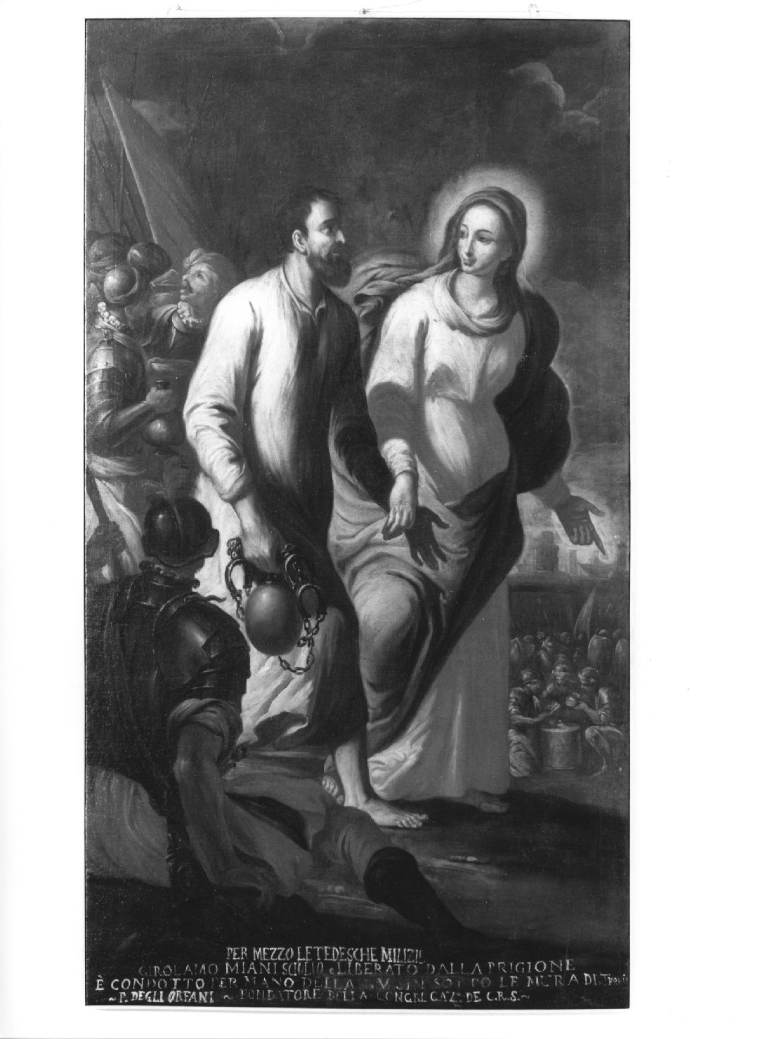 Madonna che guida Girolamo Miani attraverso il campo nemico (dipinto) di Ridolfi Agostino (attribuito) (sec. XVII)