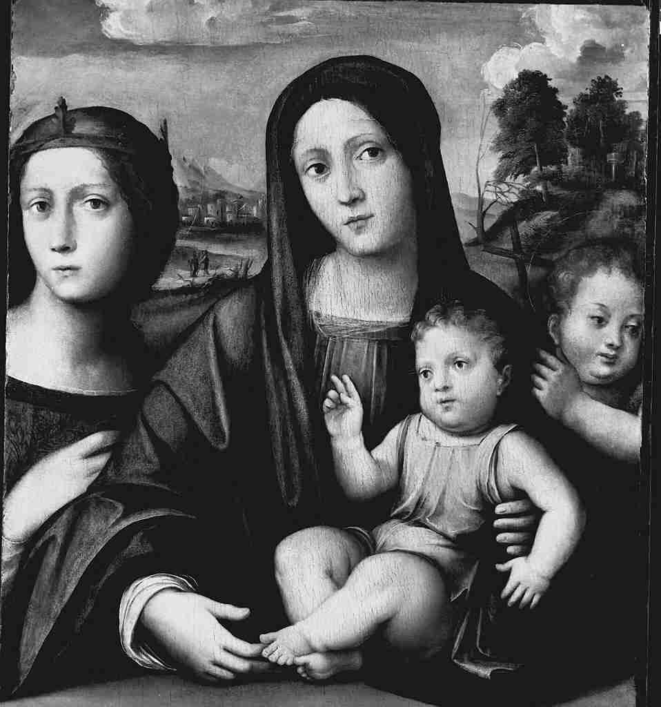 Madonna con Bambino tra San Giovannino e Santa Caterina d'Alessandria (dipinto, opera isolata) di Francia Giacomo (attribuito) (secc. XV/ XVI)