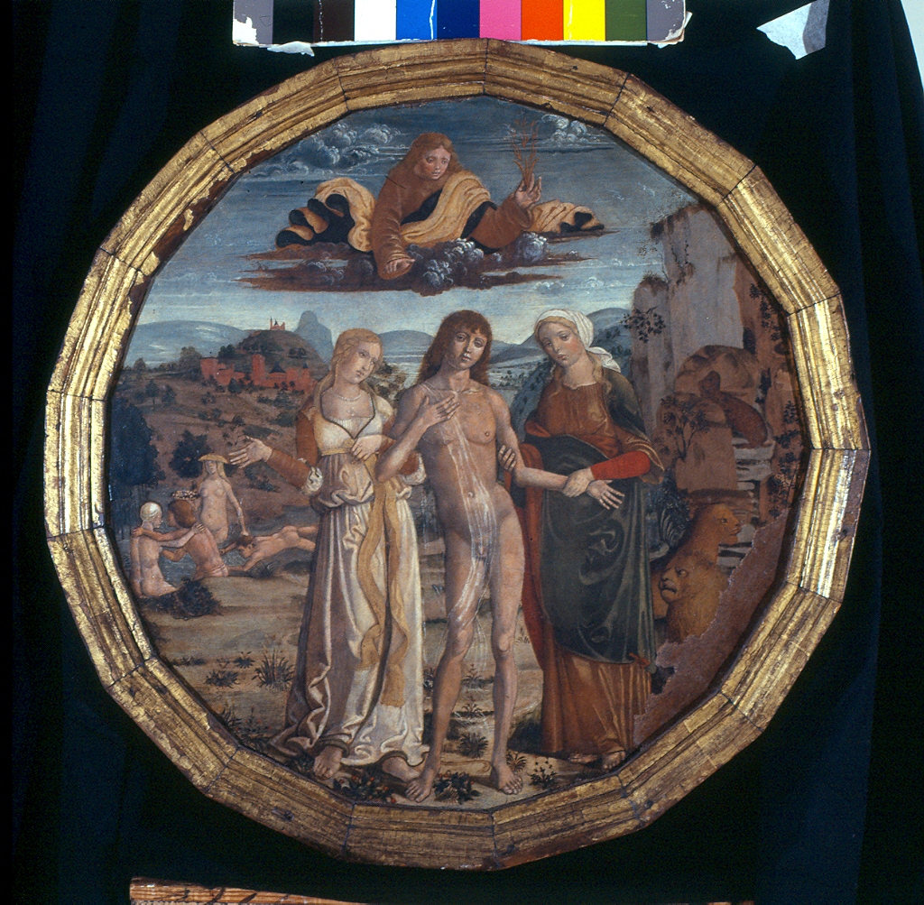 Ercole al bivio (tavola, elemento d'insieme) di Girolamo di Benvenuto detto Gioralmo del Guasta (secc. XV/ XVI)
