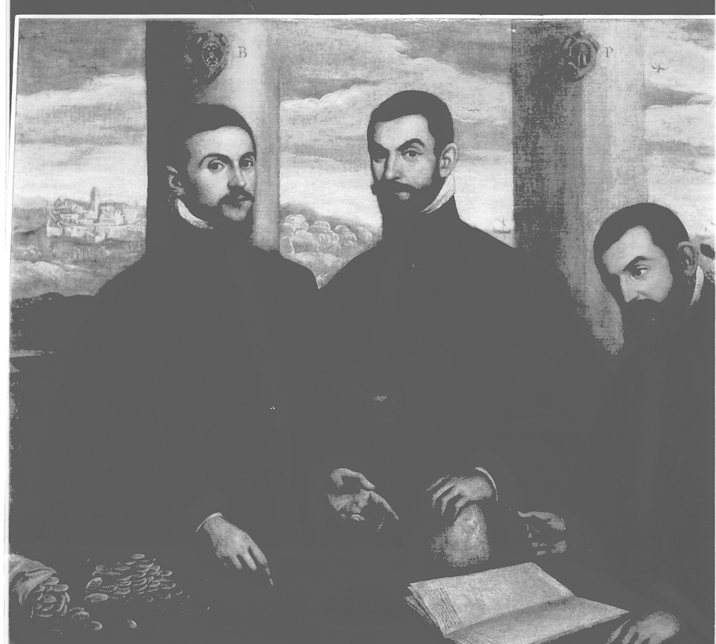 Tre provveditori alla Zecca, ritratto d'uomo (dipinto, opera isolata) - ambito veneziano (seconda metà sec. XVI)