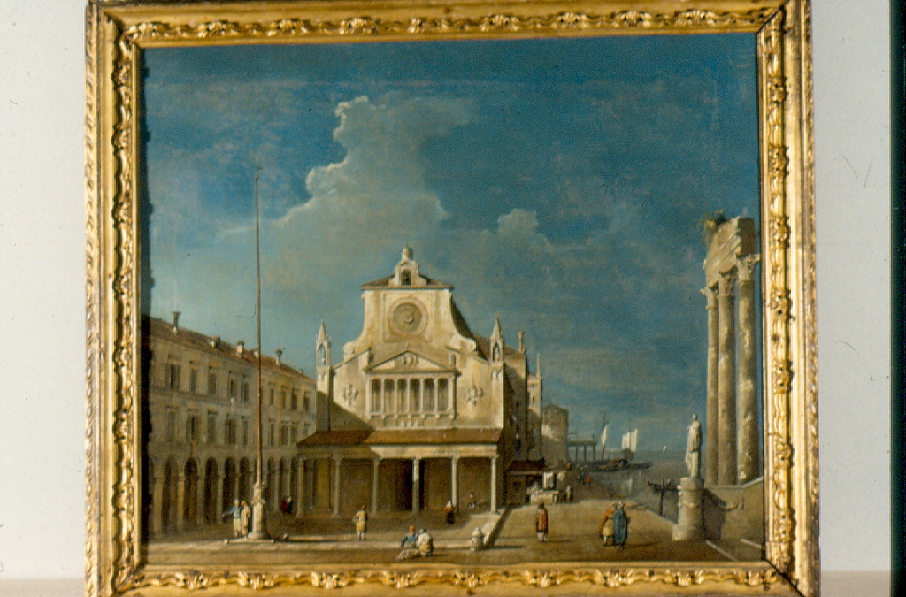 Capriccio con i portici di Rialto e una chiesa che ricorda San Giacometo, veduta prospettica di una chiesa veneziana (dipinto, opera isolata) di Migliara Giovanni (secc. XVIII/ XIX)