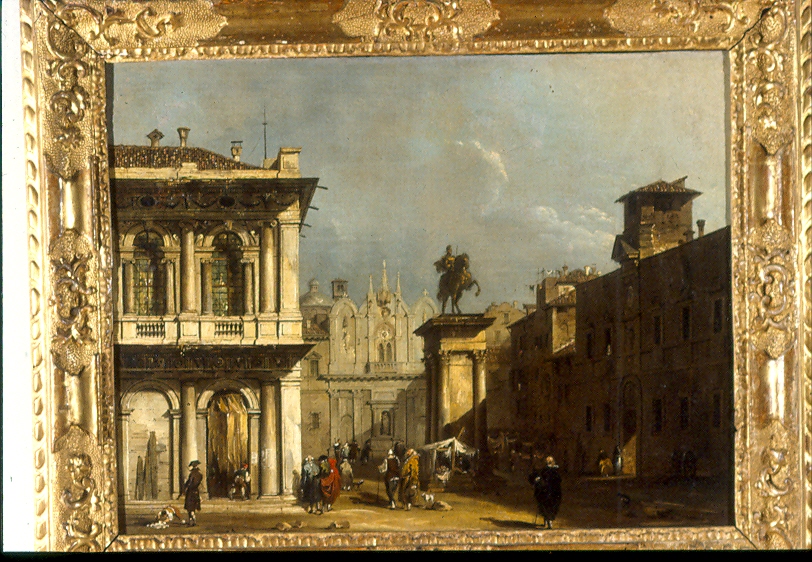 Capriccio con monumento equestre in un campo e l'angolo della Libreria Marciana, veduta prospettica di Venezia (dipinto, opera isolata) di Migliara Giovanni (secc. XVIII/ XIX)