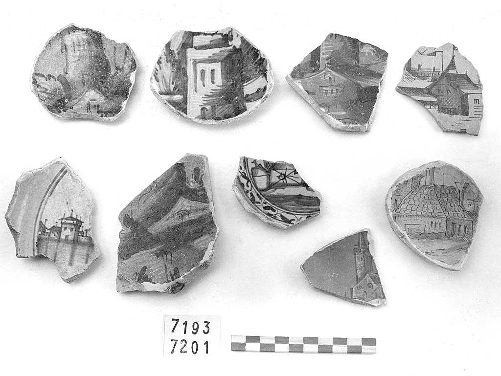 paesaggio con architetture (piattello, frammento) - ambito veneziano (secc. XVI/ XVII)