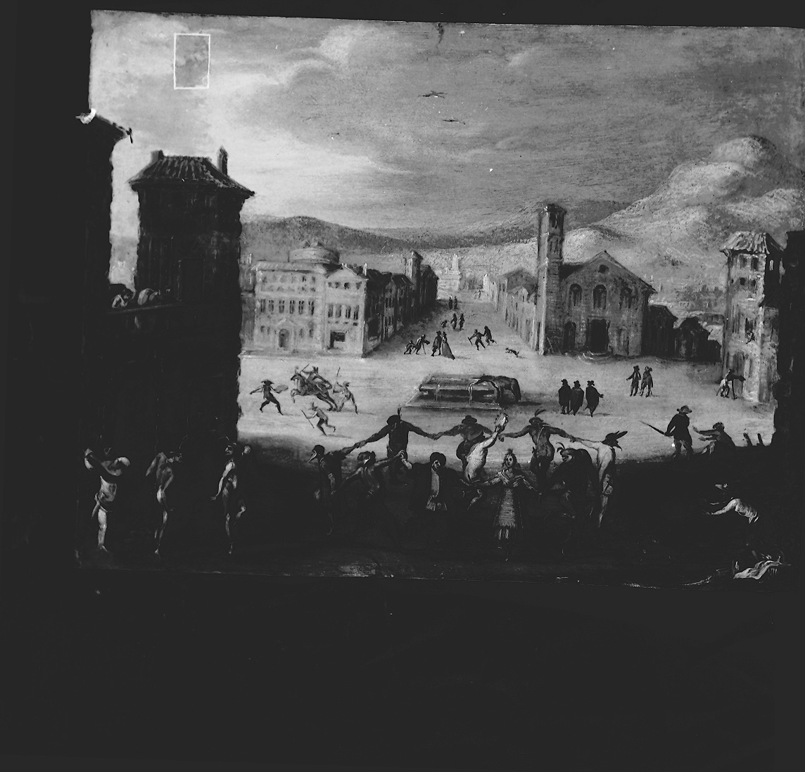 piazza con ballo di maschere, festa mascherata (dipinto) - bottega fiamminga (sec. XVII)