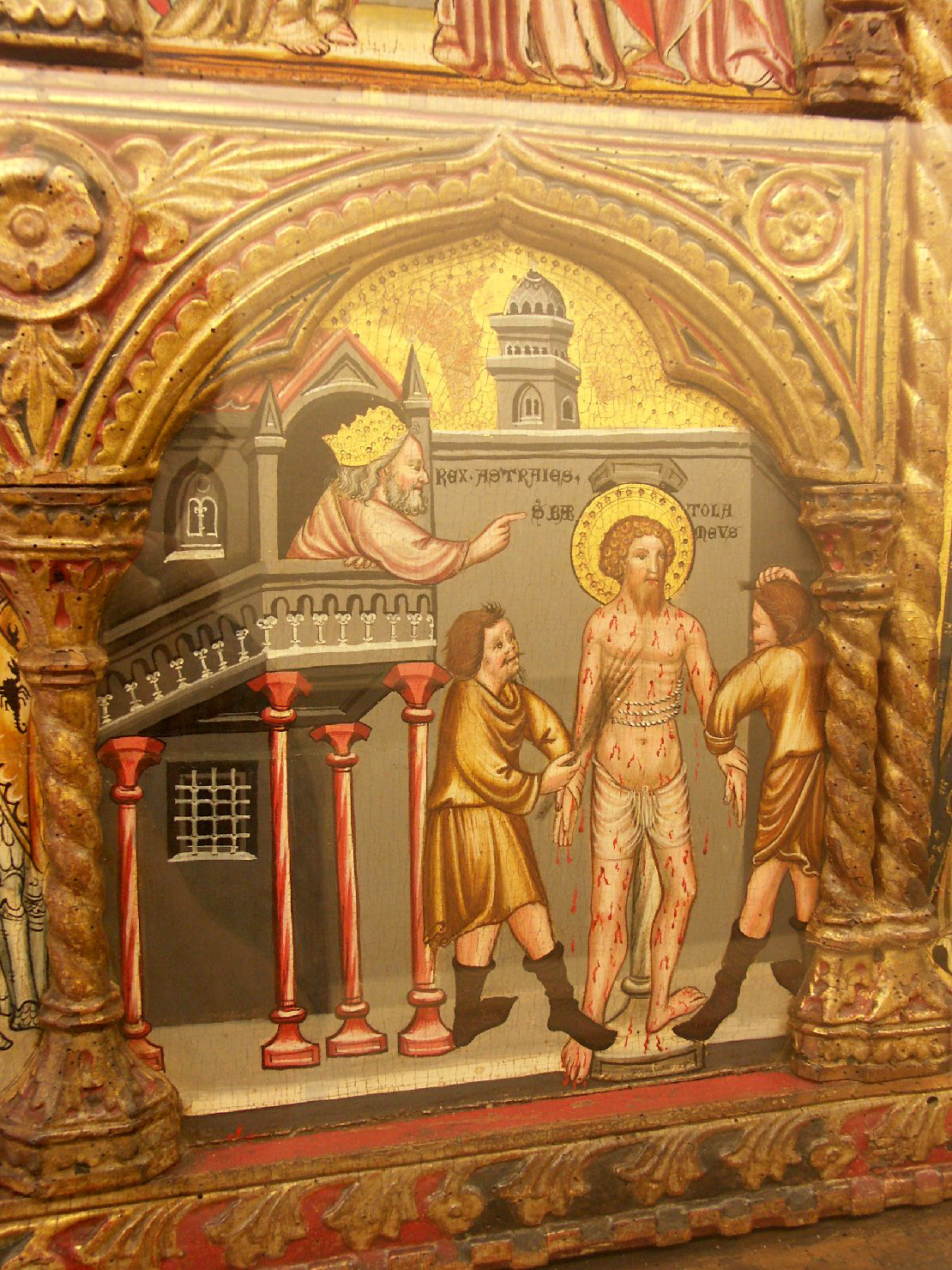 re Astiage fa abbattere con le verghe San Bartolomeo, San Bartolomeo bastonato dai manigoldi (scomparto di polittico) di Simone da Cusighe (sec. XIV)