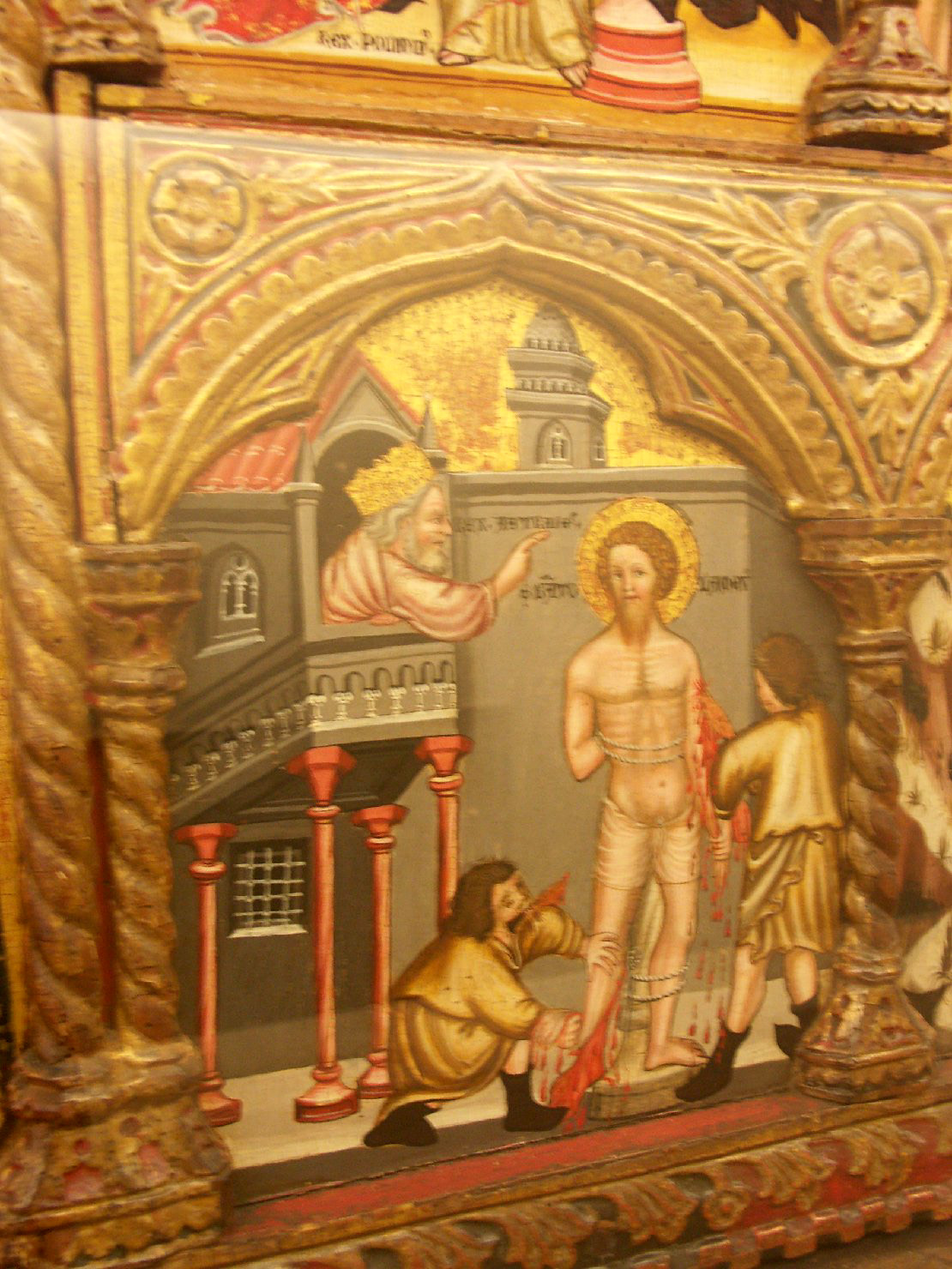 re Astiage fa scuoiare vivo San Bartolomeo, San Bartolomeo è scorticato vivo (scomparto di polittico) di Simone da Cusighe (sec. XIV)