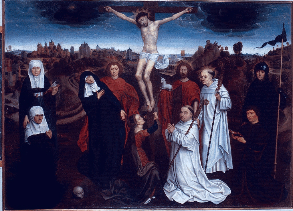 il Calvario con santi e donatori, crocifissione di Cristo (dipinto) di Memling Hans (maniera) (secc. XV/ XVI)