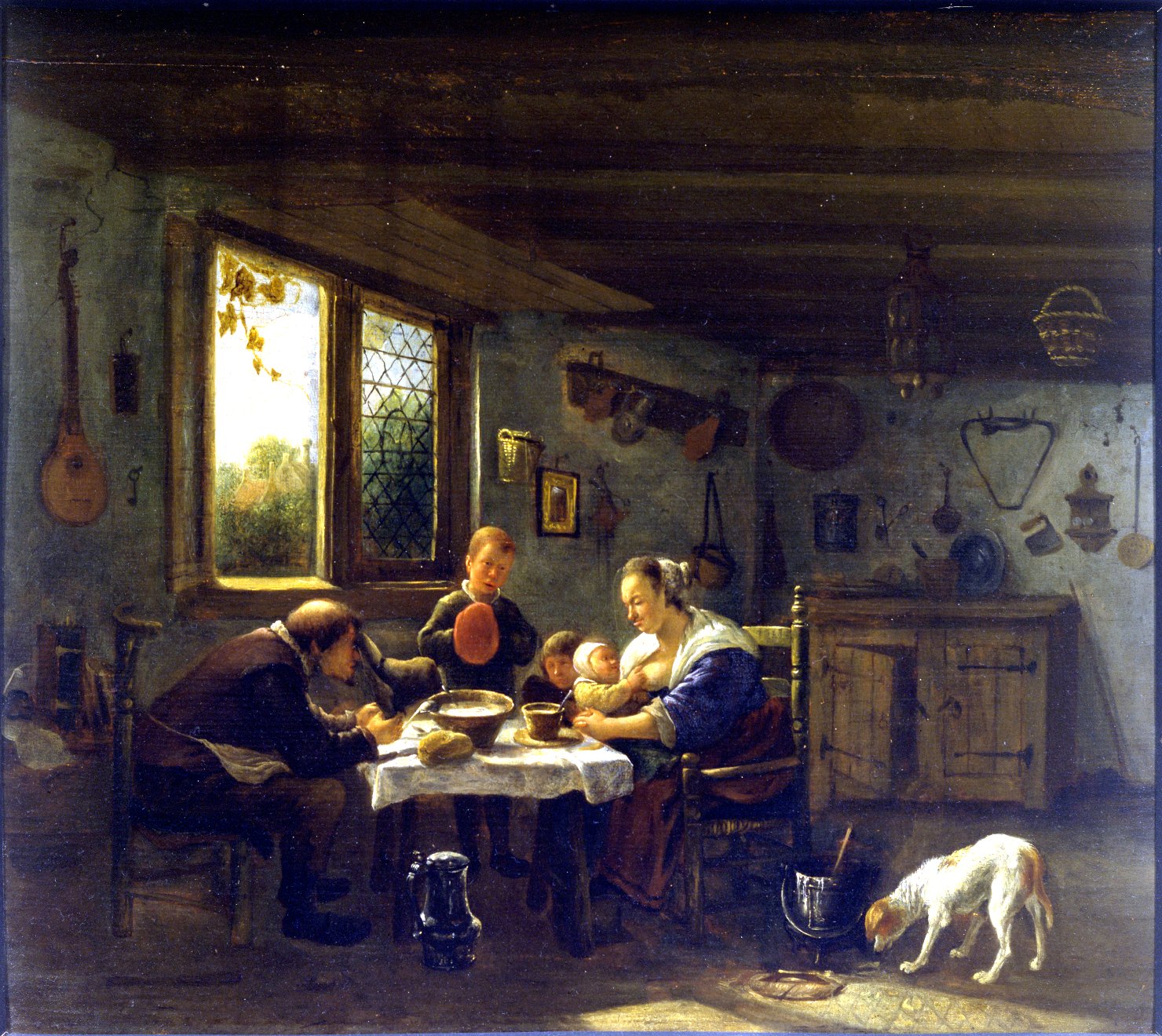 la preghiera prima del desinare, interno di cucina con figure (dipinto) di Steen Jan (sec. XVII)
