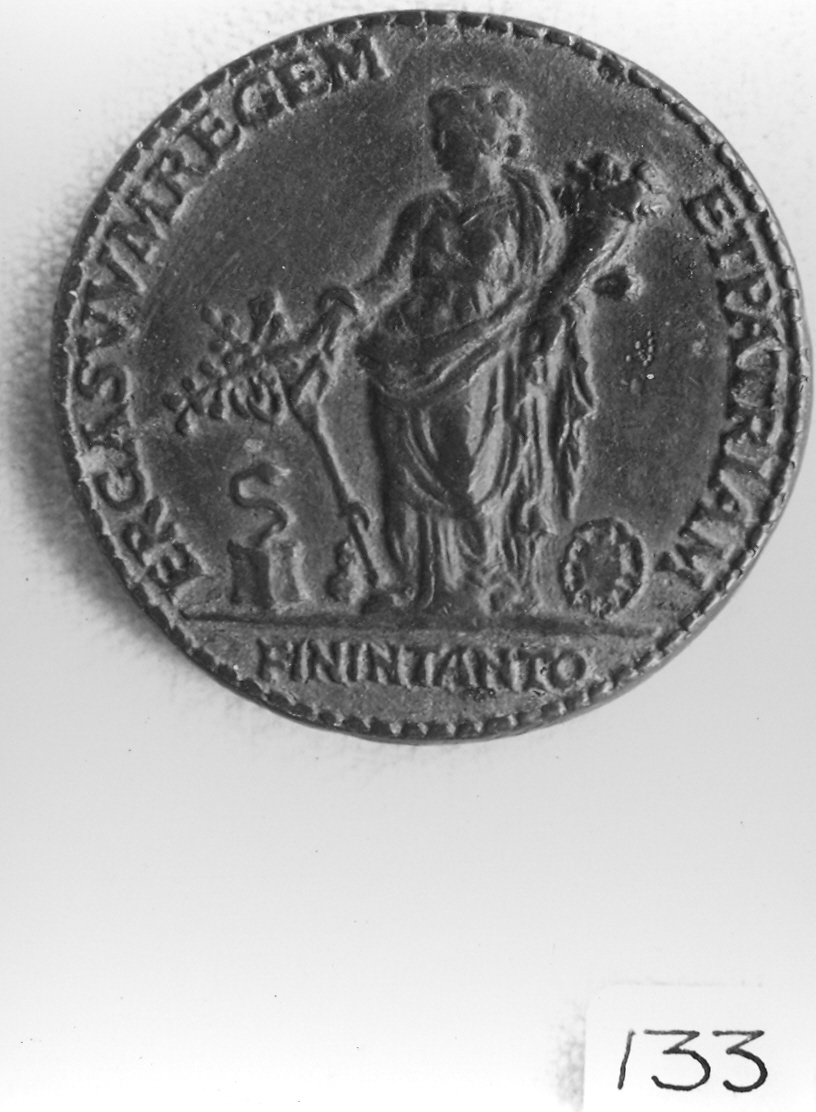 figura allegorica femminile (medaglia, elemento d'insieme) - ambito napoletano (ultimo quarto sec. XV)