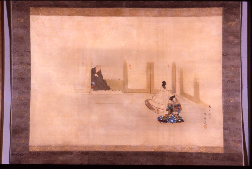 Taira no Kiyomori, viene esortato dal saggio figlio Shigemori affinchè cessi la violenza che affligge il paese, figure maschili (dipinto, opera isolata) di Kikuchi Yosai (fine/inizio secc. XVIII/ XIX)