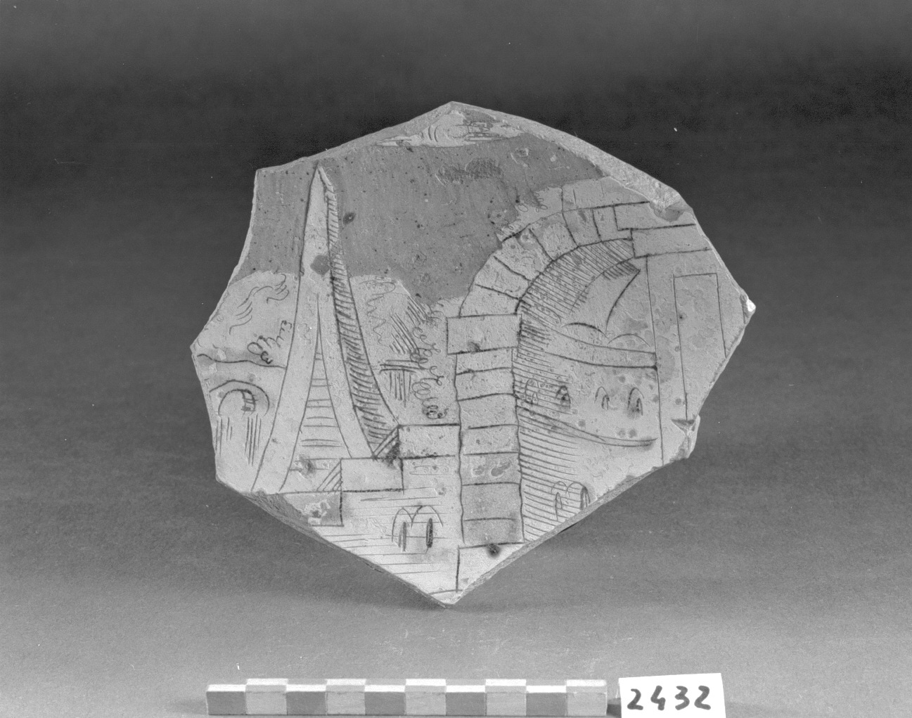 paesaggio con architetture (piatto, frammento) - produzione veneziana (seconda metà sec. XVI)