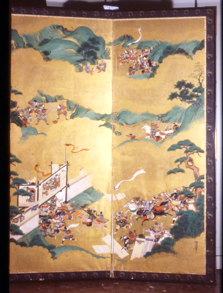 scena di battaglia (paravento, opera isolata) di Nobumasa (attribuito) (sec. XVIII)