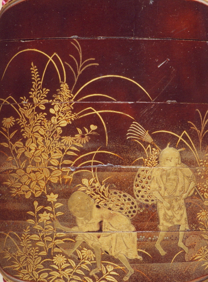 figure e animali in paesaggio (inro, opera isolata) - ambito giapponese (secc. XVII/ XIX)