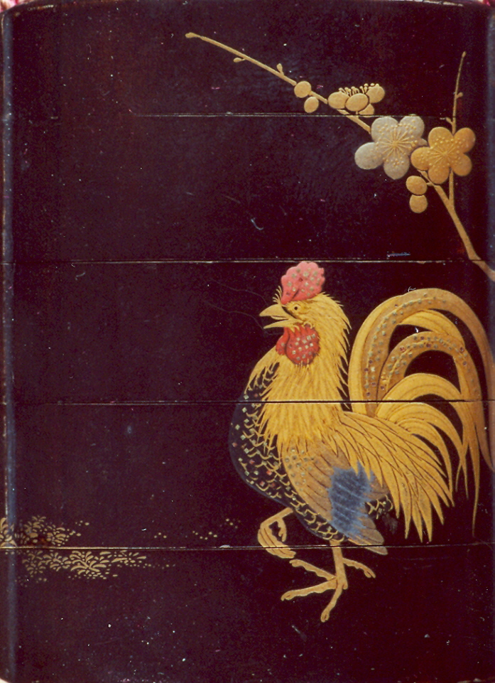 gallo e pruno (inro, opera isolata) - ambito giapponese (secc. XVII/ XIX)