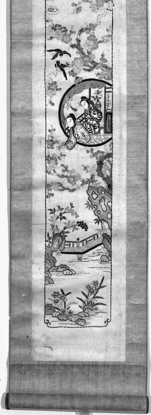 paesaggio (decorazione a ricamo, opera isolata) - ambito cinese (secc. XVII/ XIX)