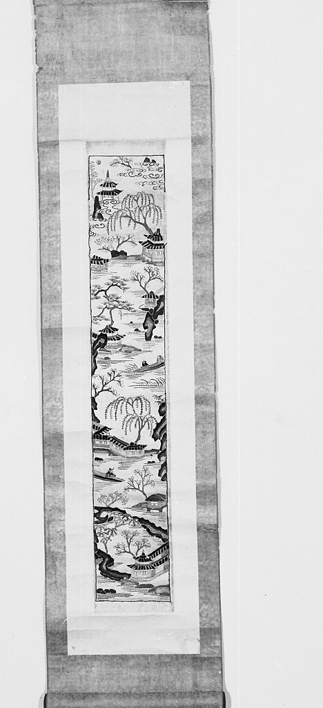 paesaggio (decorazione a ricamo, opera isolata) - ambito cinese (secc. XVII/ XIX)