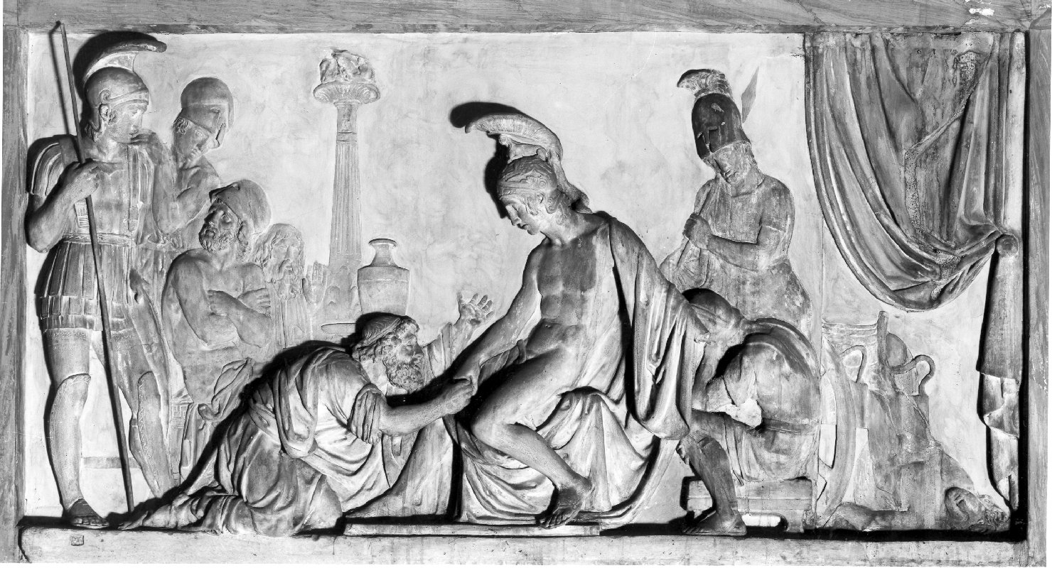 Priamo implora Achille di restituirgli il cadavere di Ettore (rilievo, opera isolata) di Giaccarelli Antonio (secc. XVIII/ XIX)