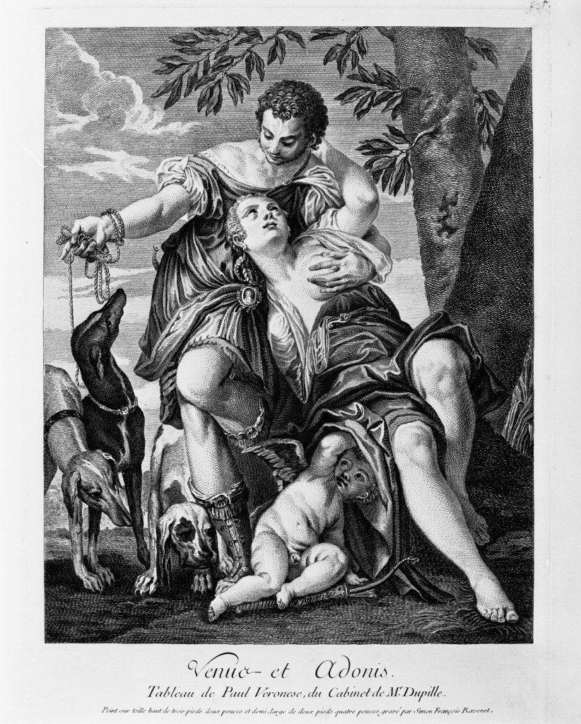 Venus et Adonis, Venere e Adone (stampa, stampa composita) di Ravenet Simon Francois, Caliari Paolo detto Veronese (prima metà sec. XVIII)