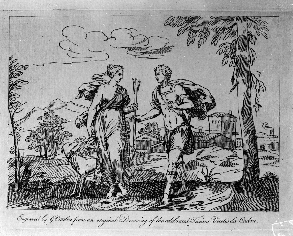 Diana e Atteone (stampa, stampa composita) di Tiepolo Giandomenico, Tiepolo Giovanni Battista, Vitalba Giovanni, Vecellio Tiziano (metà, ultimo quarto sec. XVIII, sec. XVIII)