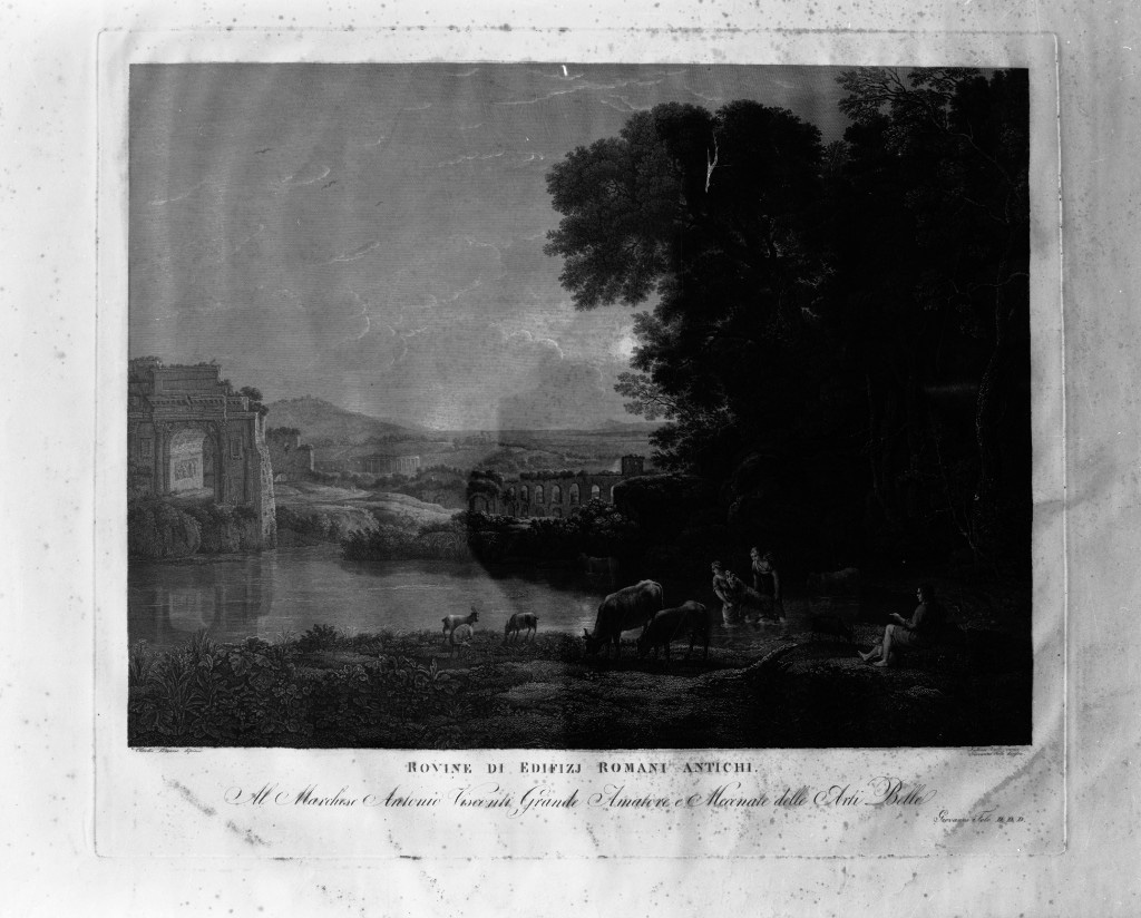 paesaggio con rovine (stampa, stampa composita) di Valli Antonio, Gellée Claude detto Claude Lorrain (sec. XVIII)