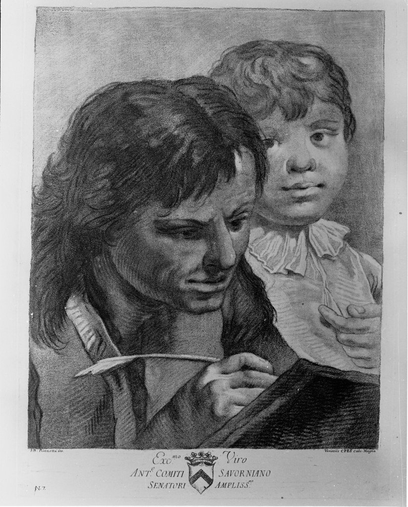 figura maschile scrivente con bambino (stampa) di Alessandri Innocente, Piazzetta Giovanni Battista, Scattaglia Pietro (seconda metà sec. XVIII)