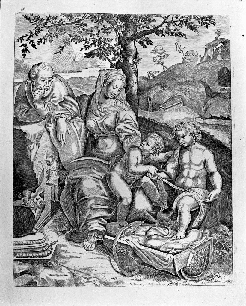 Sacra Famiglia con San Giovanni Battista bambino (stampa) di Caliari Paolo detto Veronese (attribuito) (sec. XVIII)